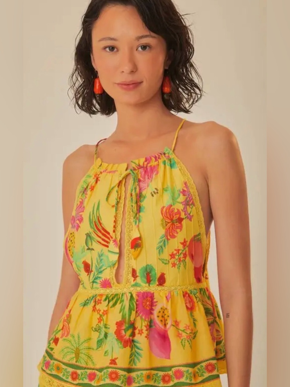 FARM Rio Cotton Yellow Tropical Print Halter Tie-Front Top Size Women’s XS